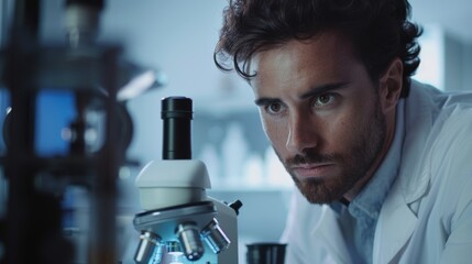 Poster - An attractive male scientist peers into an advanced technology microscope in a modern food science laboratory.