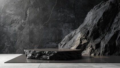 a dark, stone-themed podium for displaying products, set against a black rock background with a mini