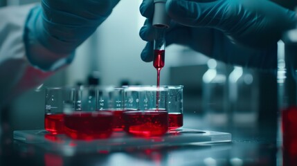 Poster - A scientist in gloves pours red chemical liquid into a microscope sample plate using a micro pipette and the microscope. A microbiologist in a laboratory with technological equipment.