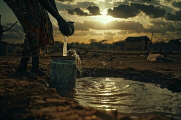 An African getting water from a small source of water between dry land, water sustainability ,drought