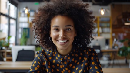 Poster - Multiethnic Latina Project Manager in Creative Office Environment Taking Video Call over Live Camera. Happy Female Specialist Listening to Colleague.