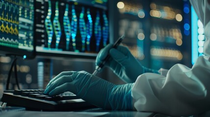 Poster - the scientist wears surgical gloves while typing on the keyboard and using a computer. this is a pic