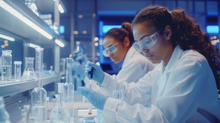 Canvas Print - Multi-ethnic team of young scientists analyze test samples in modern medicine lab. Advanced lab with advanced equipment, microbiology researchers design, develop drugs, and conduct research