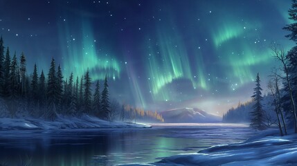 a lake, snow, pine trees, and the aurora borealis can be seen in the night sky above a northern wint
