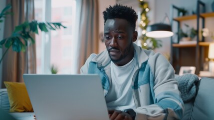 Poster - This handsome African American man is having a video chat on his laptop computer while sitting behind his desk in the living room. Freelancer working from home and chatting with colleagues and