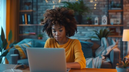 Poster - Authentic Latina Female with Afro Hair using a laptop computer at home while browsing the Internet and checking social media videos.