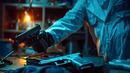 Poster - A man in a white lab coat holding a gun