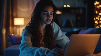 Poster - In the evening, a beautiful authentic Latino female is browsing the internet and checking out videos on social networks while sitting at a desk. She is using a laptop computer at home.