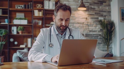 Poster - This handsome Caucasian man has a video call with a female doctor while sitting behind a desk in his living room. The freelancer is working from home and speaking on the phone with the doctor.
