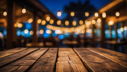 Wall Mural - Wooden table with bokeh lights against a blurred restaurant backdrop