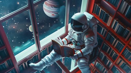 An astronaut reading a book in an interstellar library with planets visible through the windows, top view, highlighting exploration, futuristic tone, Monochromatic Color Scheme