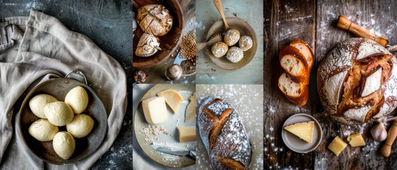 A collage of different types of freshly made bread and pastries, artisan cheese