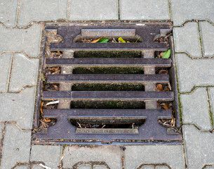 Metal sewer cover on the sidewalk.