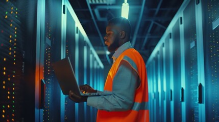 Poster - a data center engineer is using a laptop computer at a server farm cloud computing facility in which