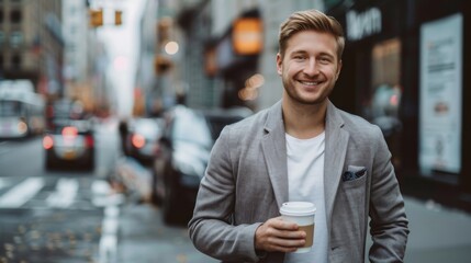 Poster - Young Handsome Businessman Holding a Coffee on City Street. Financial District. Window with Office Buildings and Billboards.