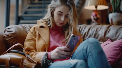 Poster - Female Caucasian using Smartphone with Clothing Online Web Store to choose and buy Handbag from New Collection. Female surfing the net and lying on couch sofa at home.