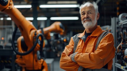 Sticker - Smiling Senior White Male Chief Engineer in Auto Factory Office. Professional Technician in High-Tech Automated Robot Arm Assembly Line Manufacturing Facilities.