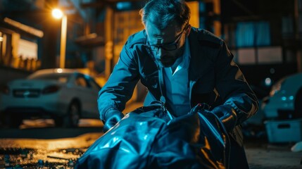 Aufkleber - A man is looking at a body bag in the dark
