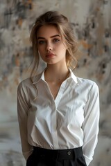 Wall Mural - Woman in a white shirt and black pants posing for a picture