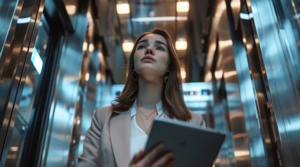 Poster - Young professional female riding a glass elevator to his office in modern business center. Successful manager using tablet computer in lift to write a message, check social media, and send emails.