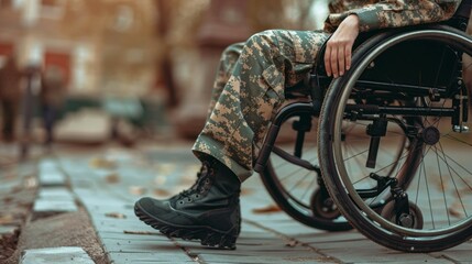 Poster - A person in a wheelchair is wearing a camouflage outfit