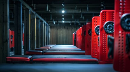 Poster - A row of red benches are lined up in a gym