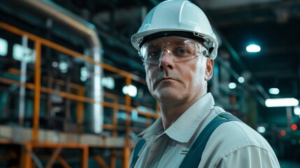 Poster - An older, successful male engineer in a white hard hat and safety glasses stands at an electronics manufacturing factory and poses for a photo. Heavy Industry Specialist.