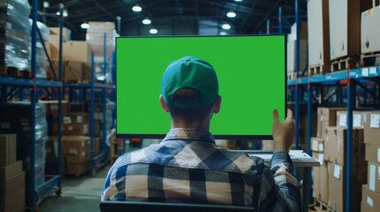 Poster - In the background, a young man uses a desktop computer with a green screen Chromakey Mock Up display. An employee and distribution manager are working in a warehouse with cardboard boxes. This is an