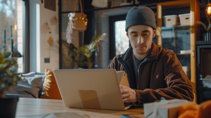 Poster - Online Store Inventory Manager Using Laptop Computer, Preparing Small Package for Postage. A young delivery worker picks up order from small business owner.