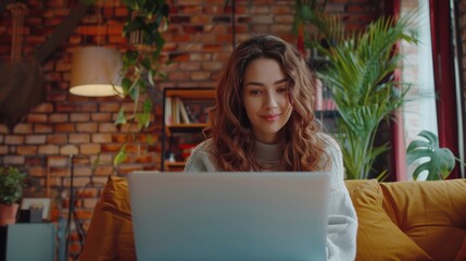 Poster - This portrait of a young woman working on a laptop computer while sitting at home in a multi-story brick house shows a motivated female smiling and feeling happy.