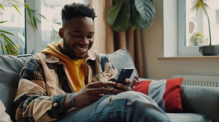 Poster - In this image, a happy young black male sits at home using his smartphone while connecting with friends on social media and using online apps. The view outside the window shows his stylish living