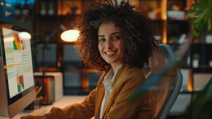 Poster - Middle Eastern manager in creative office wearing a business suit with a calendar on display. Business-driven, stylish female using desktop computer with calendar software.