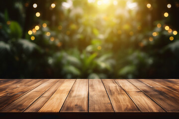 Wall Mural - Empty wooden planks or tabletop in front of a blurred bokeh lush tropical forest and maximalist background a product display background or wallpaper concept with front-lighting