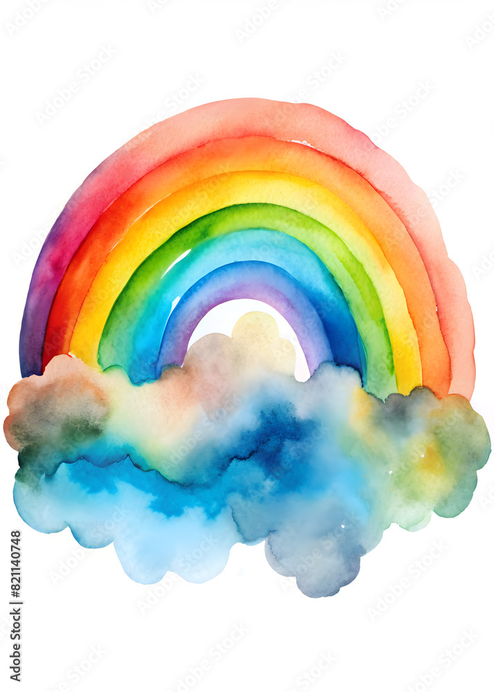 Watercolor Rainbow with Fluffy Clouds Isolated on Transparent ...