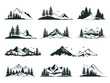 © farzana - Silhouette collections of mountains, birds, hills, fir trees, and pine trees forest. Logotype ice mountain illustration for wall art, mountaineering, logo, t-shirt, and coloring page vector.