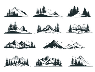 Silhouette collections of mountains, birds, hills, fir trees, and pine trees forest. Logotype ice mountain illustration for wall art, mountaineering, logo, t-shirt, and coloring page vector.
