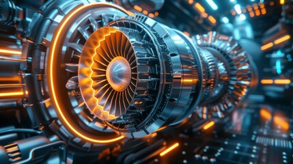 Poster - The first industrial jet engine with a rotating fan installed in a research and development facility.