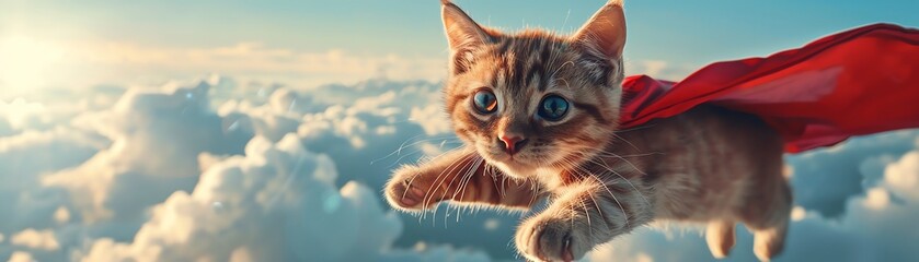 A whimsical image of a flying ginger cat wearing a red superhero cape against a cloudy sky