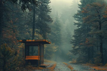Wall Mural - A bus stop nestled amidst towering pine trees in a forest clearing