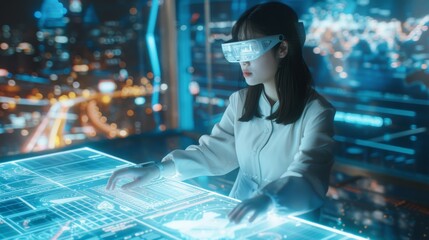 Poster - An elegant Japanese young woman interacts with an Augmented Reality platform in an advanced room with a futuristic cyberpunk city at the background.