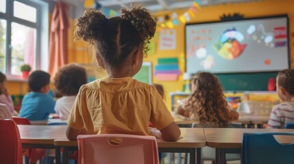Poster - A group of diverse children are seated at individual desks in a classroom, engaged in learning activities and interacting with one another.