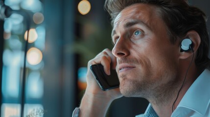 Poster - This is a close-up of a Caucasian male stock exchange agent on a call, convincing a client to invest in a new successful startup that just went public through an IPO.
