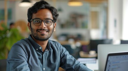 Poster - An attractive Indian man with glasses looking at the camera and smiling charmingly. A young intelligent engineer holding a laptop computer. A finance manager of a large corporation working at his