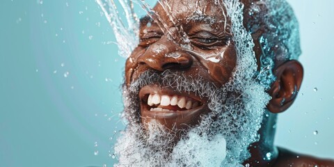 Skincare, hygiene, and dermatology water, splash, and black man and shower image. The blue background studio offers wellness, spa, and facial with senior model cleaning for health