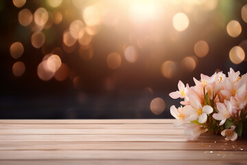 Wall Mural - Empty wooden planks or tabletop in front of a blurred bokeh flowers and silk with water drops and minimalist background a product display background or wallpaper concept with front-lighting