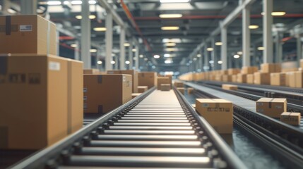 Poster - A conveyor belt of parcels, cardboard boxes, and packages moves at a modern logistics center with automated sorting. 3D graphics is used in setting up the shot.