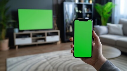 Poster - A smart home device with a green screen display. In the background, a smartphone is used to control the stylish environment in his home. Using a smart home device with a green screen display.