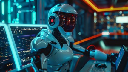 Poster - AI Robot Working With Deep Machine Learning Software. Futuristic Humanoid Virtual Generative AI Assistant Using Cloud Computing Services and Neural Big Data Networks