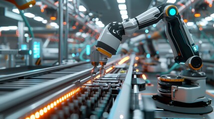 Poster - A 3-D rendering of a robotic arm conveyor line manufacturing industrial electronic devices. This automated assembly line produces high-tech products used in the information technology industry.