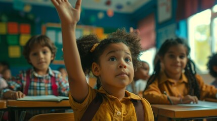Poster - A young girl raises her hand and answers a teacher's question in a primary school with a group of multiethnic kids seated behind desks learning and acquiring knowledge.